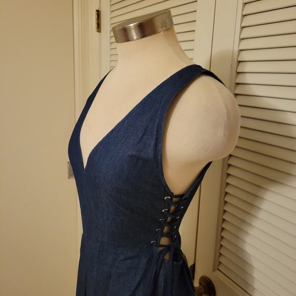Deep V-Neck Corset Tie Cotton Denim Mini Dress Intermix Size S - Picture 2 of 8